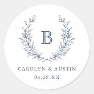 Elegant Laurel Wreath Wedding Monogram Envelope Classic Round Sticker