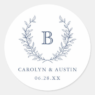 Elegant Laurel Wreath Wedding Monogram Envelope Classic Round Sticker