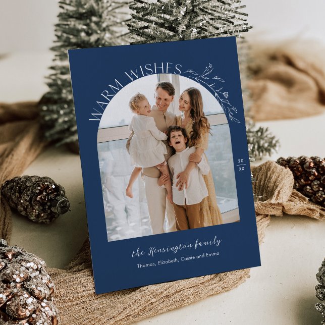 Elegant Laurels Arch Photo Holiday Card Navy (Creator Uploaded)