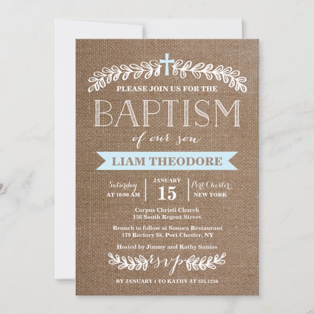 Elegant Laurels Blue | Baptism Invitation (Front)