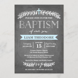 Elegant Laurels Blue Baptism Invitation