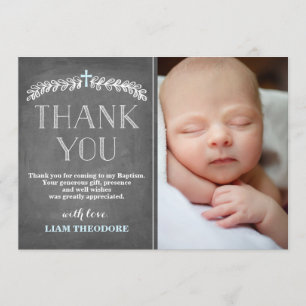 Elegant Laurels Blue Baptism Photo Thank You