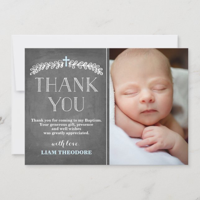 Elegant Laurels Blue | Baptism Photo Thank You (Front)
