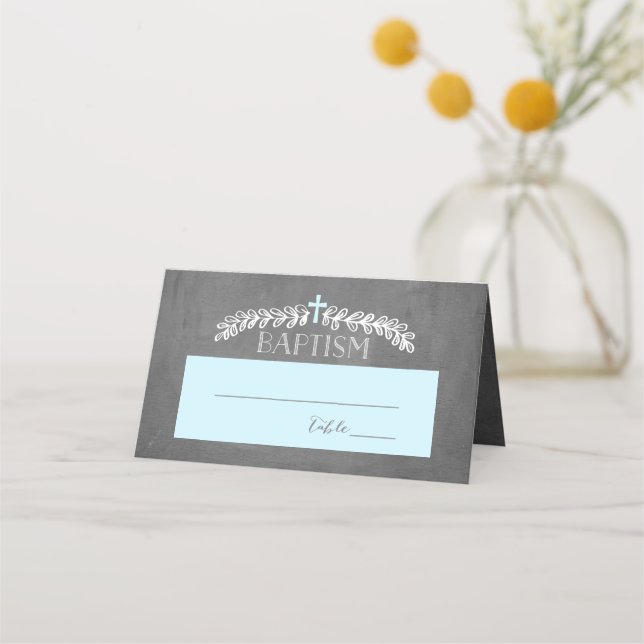Elegant Laurels Blue | Baptism Placecard (Front)