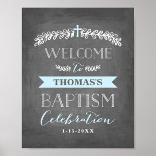 Elegant Laurels Blue Baptism Welcome Sign Poster