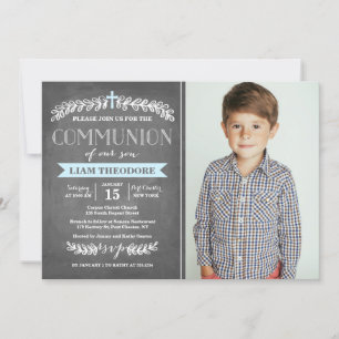 Elegant Laurels Blue Communion Invitation