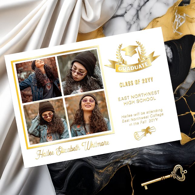 Elegant Laurels Four Photo Graduation Announcement (Elegant and Classy Grad Cap and Laurels 4 Photo Collage White and Gold Foil Graduation Announcement)