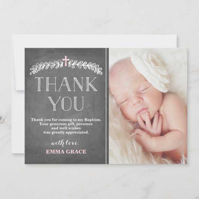 Elegant Laurels Pink | Baptism Photo Thank You (Front)