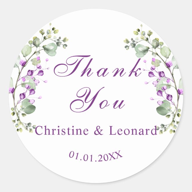 Elegant Lavander Flowers Wedding Thank You Classic Round Sticker (Front)