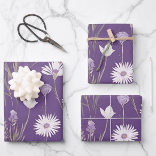 Elegant Lavendar White Boho Wildflower Floral Wrapping Paper Sheet