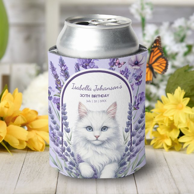 Elegant Lavender and Cat Birthday Can Cooler (Creator Uploaded)