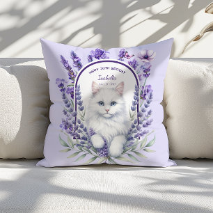 Elegant Lavender and Cat Birthday Cushion