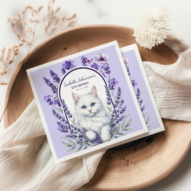 Elegant Lavender and Cat Birthday Napkin (Creator Uploaded)