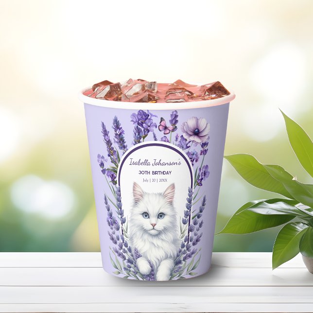 Elegant Lavender and Cat Birthday Paper Cups (Creator Uploaded)