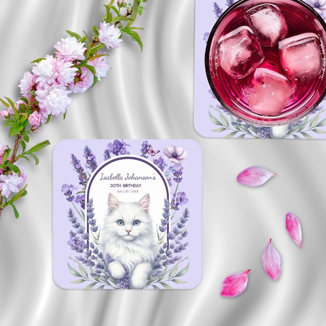 Elegant Lavender and Cat Birthday Square Paper Coaster (Creator Uploaded)
