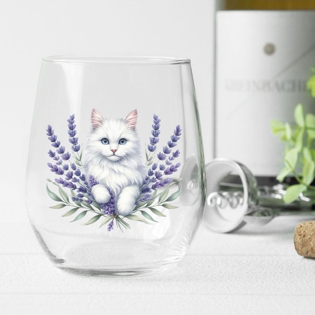 Elegant Lavender and Cat Birthday Stemless Wine Glass (Creator Uploaded)