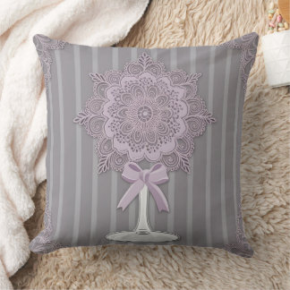 Elegant Lavender and Gray Striped Coquette Bow Cushion