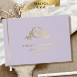 Elegant Lavender and Real Foil Monogram Wedding Guest Book<br><div class="desc">Personalise this elegant monogrammed wedding guestbook featuring real gold, silver, or rose gold foil on exquisite monogram and front, spine, and back text. Lavender purple cover background colour in a luxurious velvety-soft texture, and beautiful modern calligraphy details in a clean, minimal, and sleek style. Three size options with three inside...</div>