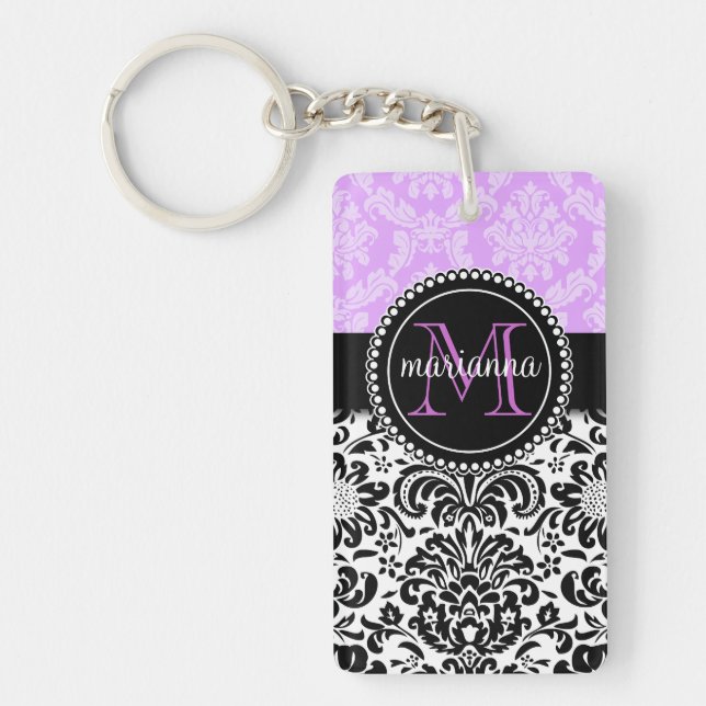 Elegant Lavender Black Damask Personalised Key Ring (Front)