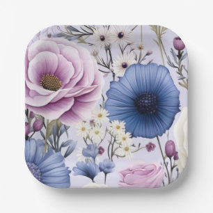 Elegant Lavender Blue White Flower Garden Floral Paper Plate