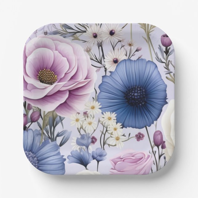 Elegant Lavender Blue White Flower Garden Floral  Paper Plate (Front)