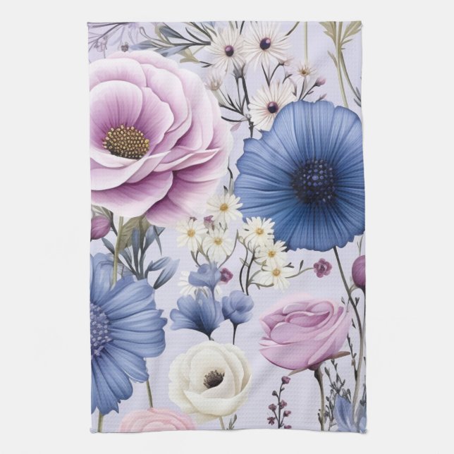 Elegant Lavender Blue White Flower Garden Floral  Tea Towel (Vertical)