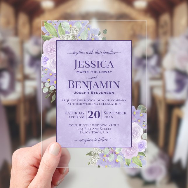 Elegant Lavender Boho Floral Stylish Text Wedding Acrylic Invitations (Clear Acrylic with Rectangle Cut)