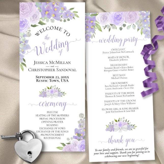Elegant Lavender Boho Watercolor Floral Wedding Programme (Front/Back)