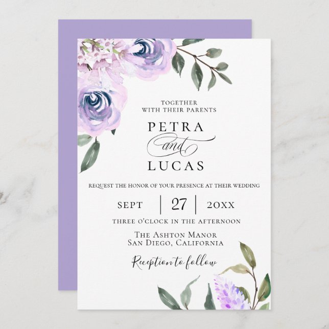 Elegant Lavender Botanical Wedding Invitation (Front/Back)