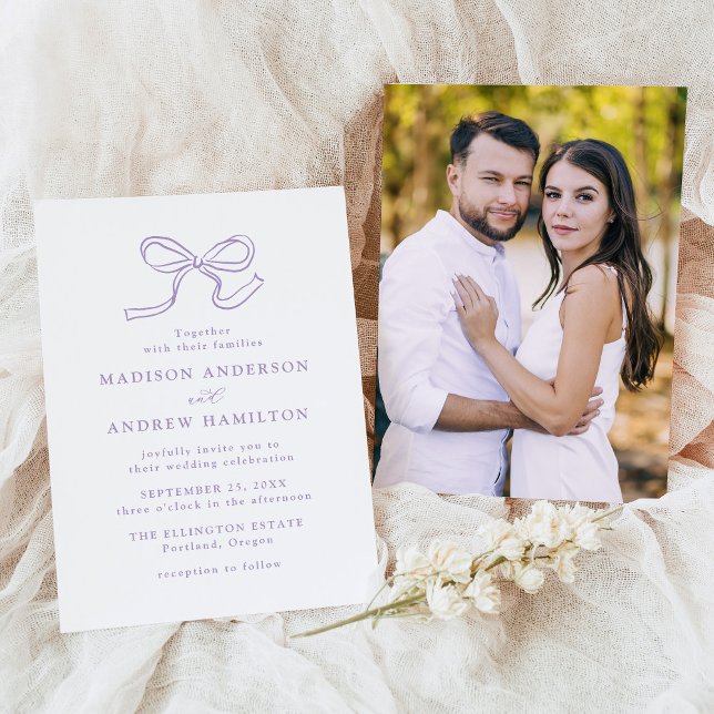 Elegant Lavender Bow Photo Wedding Invitation (Creator Uploaded)