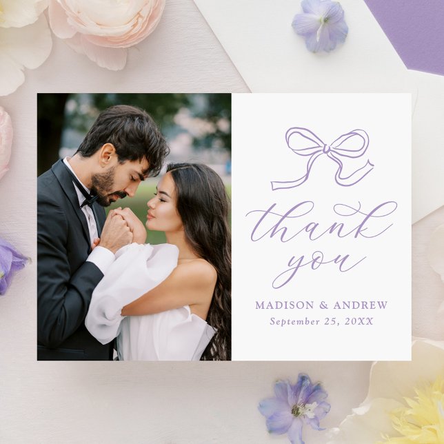 Elegant Lavender Bow Photo Wedding Thank You Card (Creator Uploaded)