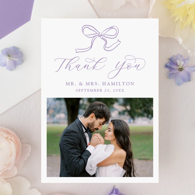 Elegant Lavender Bow Photo Wedding Thank You Card (Creator Uploaded)