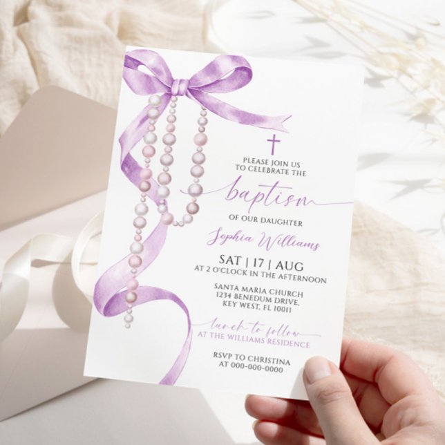 Elegant Lavender Bow & Rosary Baptism Invitation (Creator Uploaded)