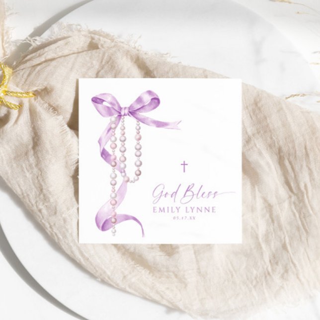 Elegant Lavender Bow & Rosary Baptism Napkin (Creator Uploaded)