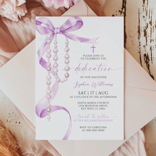 Elegant Lavender Bow & Rosary Dedication Invitation (Creator Uploaded)