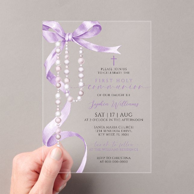 Elegant Lavender Bow & Rosary First Holy Communion Acrylic Invitations (Insitu (Handheld))