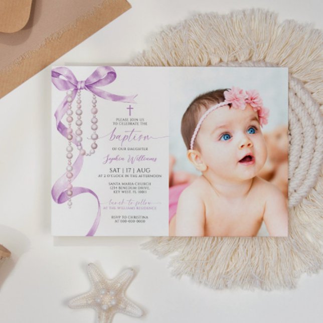 Elegant Lavender Bow & Rosary Photo Baptism Invitation (Creator Uploaded)