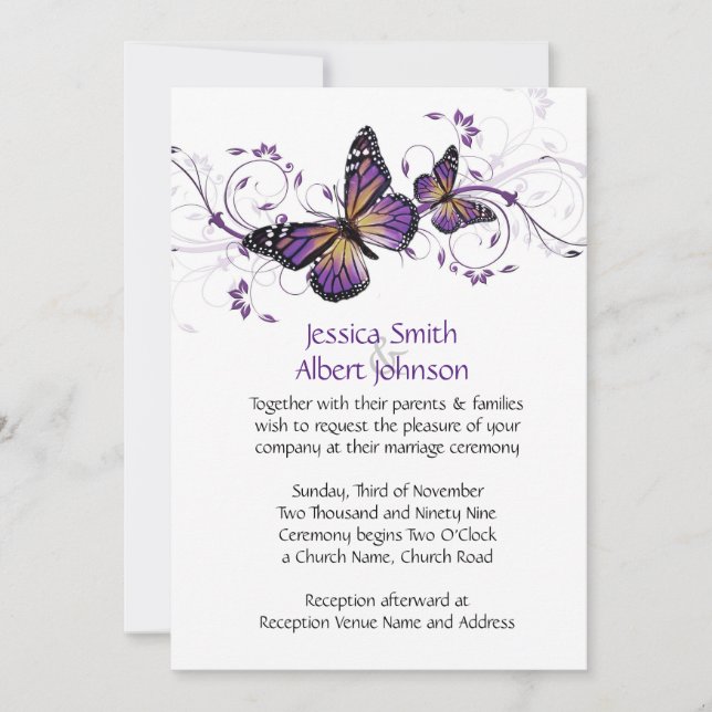 Elegant Lavender Butterfly Swirls Wedding Invite (Front)