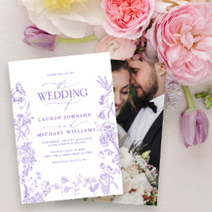 Elegant Lavender Chinoiserie Floral Photo Wedding Invitation