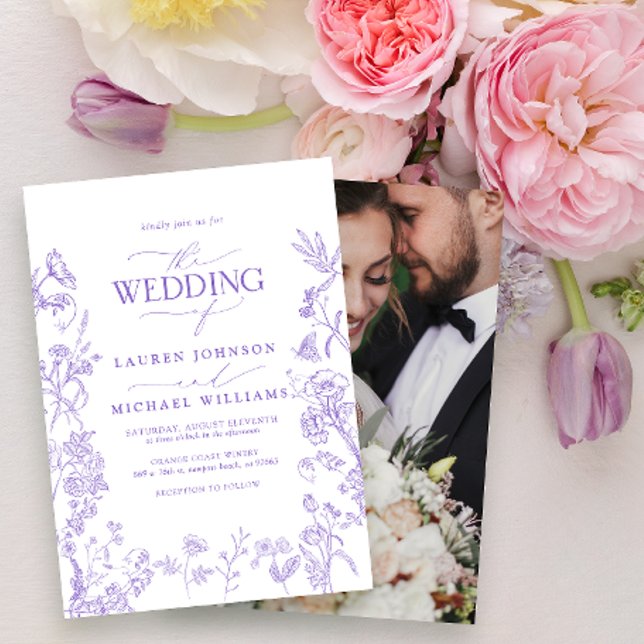 Elegant Lavender Chinoiserie Floral Photo Wedding Invitation (Creator Uploaded)
