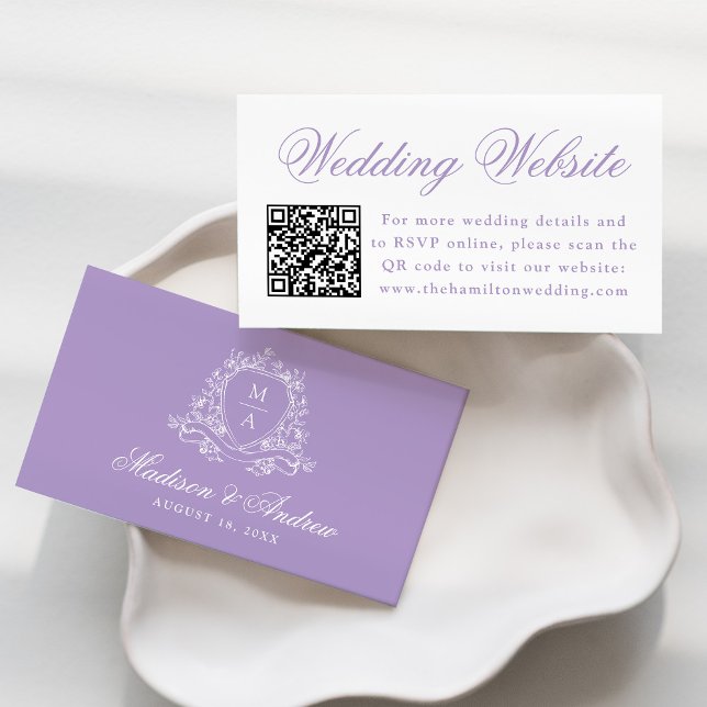 Elegant Lavender Crest Wedding Website QR Code Enclosure Card (Creator Uploaded)