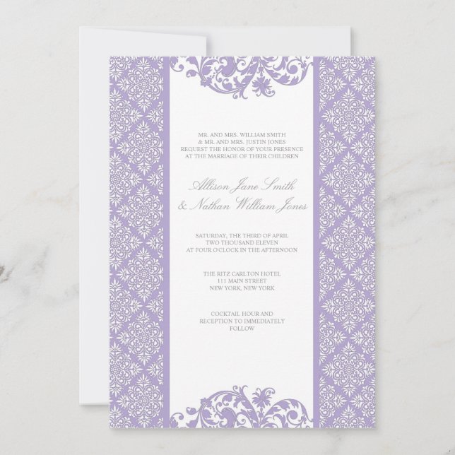 Elegant Lavender Damask Wedding Invitation (Front)