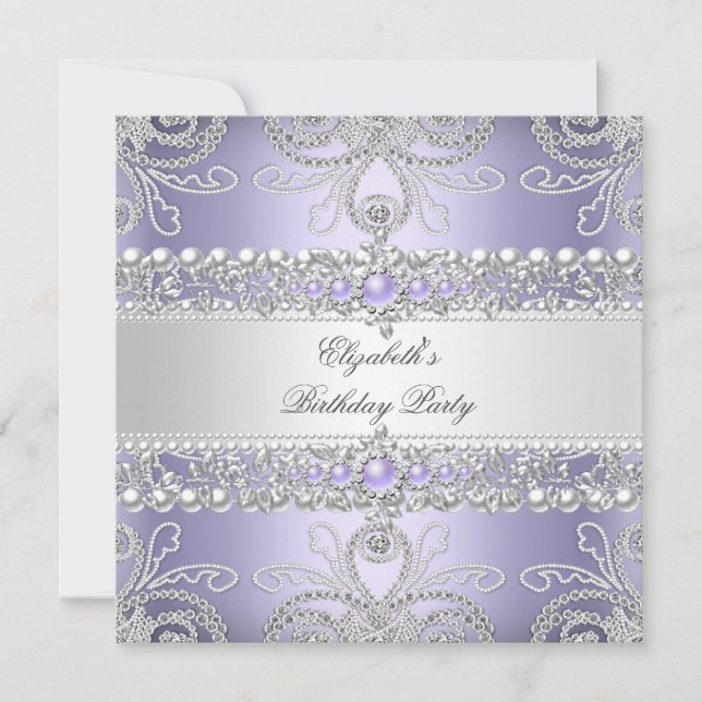 Elegant Lavender Diamonds Silver Floral Birthday Invitation (Front)