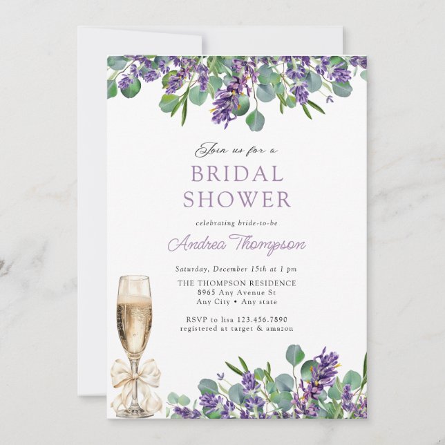 Elegant Lavender Eucalyptus Bridal Shower Invitation (Front)