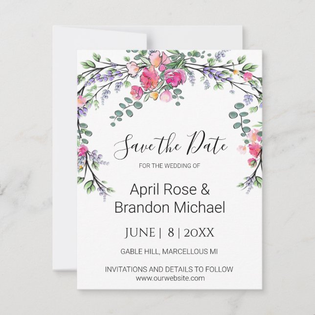 Elegant Lavender Eucalyptus pink watercolor roses  Save The Date (Front)