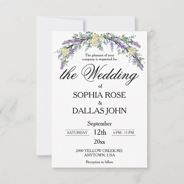 Elegant Lavender Eucalyptus yellow roses wedding  Invitation (Front)