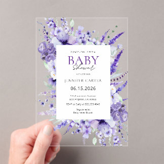Elegant Lavender Floral Baby Shower Purple  Acrylic Invitations