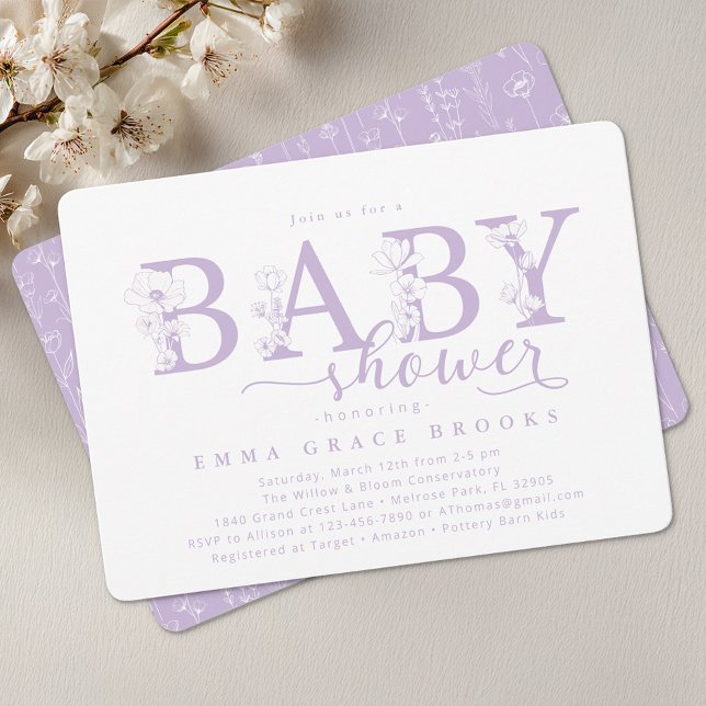 Elegant Lavender Floral Baby Shower Typography Invitation (Lavender Baby Shower Invite)