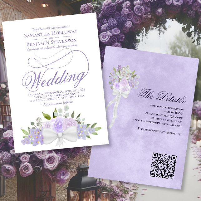 Elegant Lavender Floral Bouquet QR Code Wedding Invitation (Front/Back)
