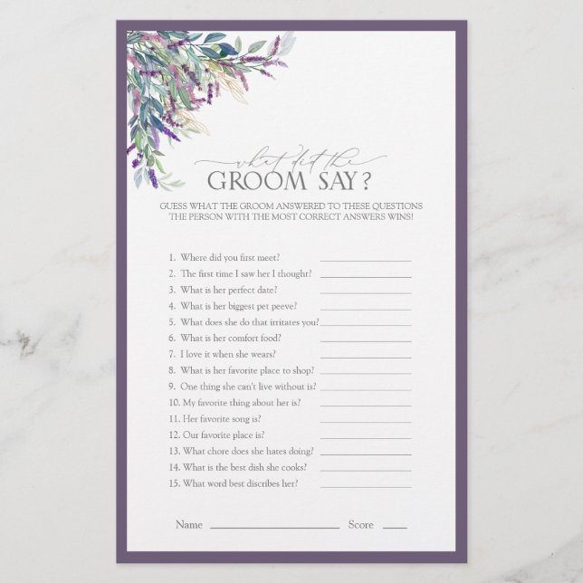 Elegant Lavender Floral Bridal Shower Game (Front)